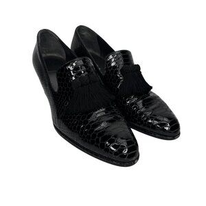 Stuart Weitzman Black Faux Snakeskin Leather Block Heel Tasseled Loafers Sz 9.5M